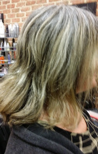 Heather M BEFORE photo with the back and sides sporting yellow and orange with grown out highlights