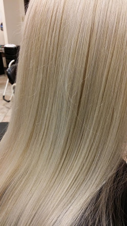 Paula Bauer, York Pa long time client of Kimberly Acworth owner, enjoys her new powdered amethyst color vs the yellow blonde she had before.Indulge Salon 